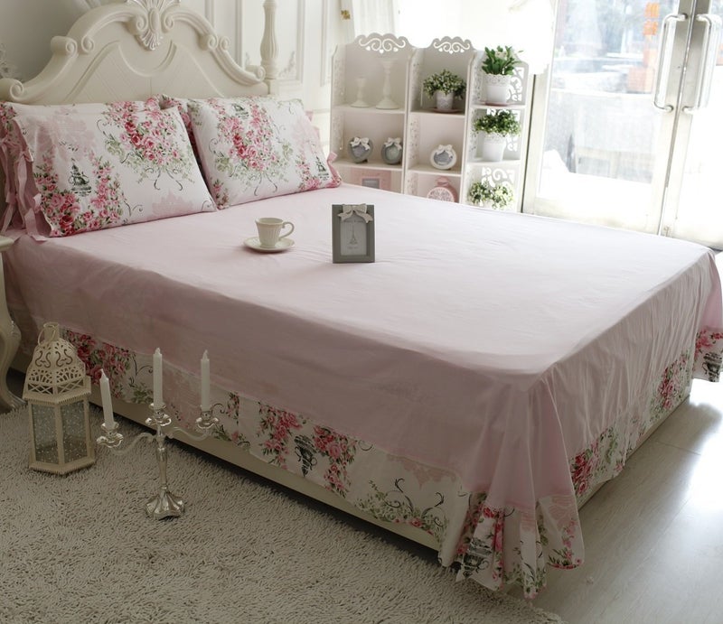 FADFAY Shabby Floral Bedding Set Queen Size Sheet Set 4 Piece Premium 100% Cotton Pink Rose Pattern :1 Deep Pocket Fitted Sheet  1Flat Sheet  2 Pillowcases (Standard Size) - Image 5